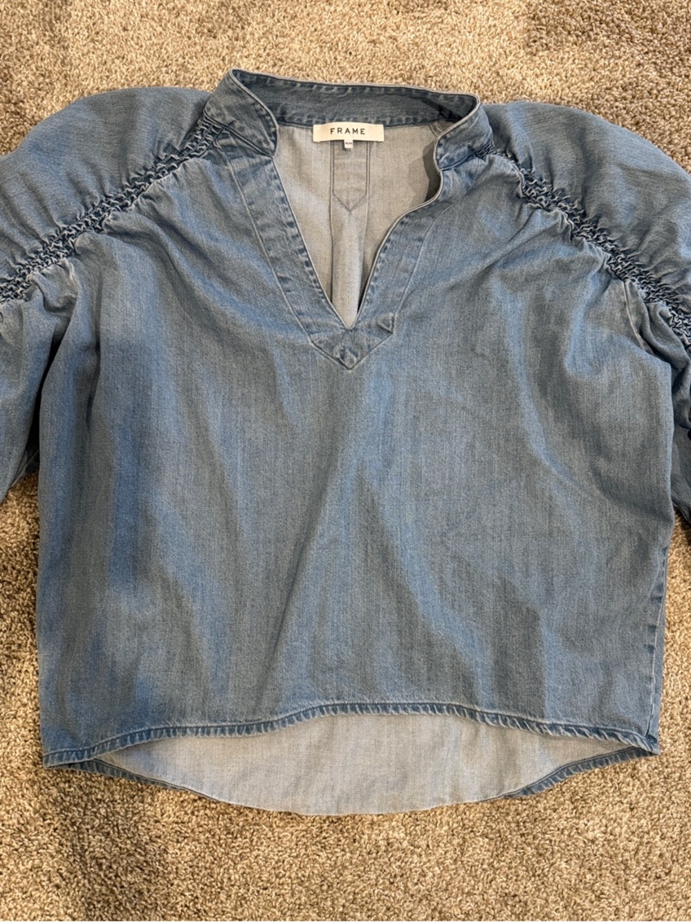 Frame Denim Light Blue Chambray V-Neck Ruched Sleeve Top
